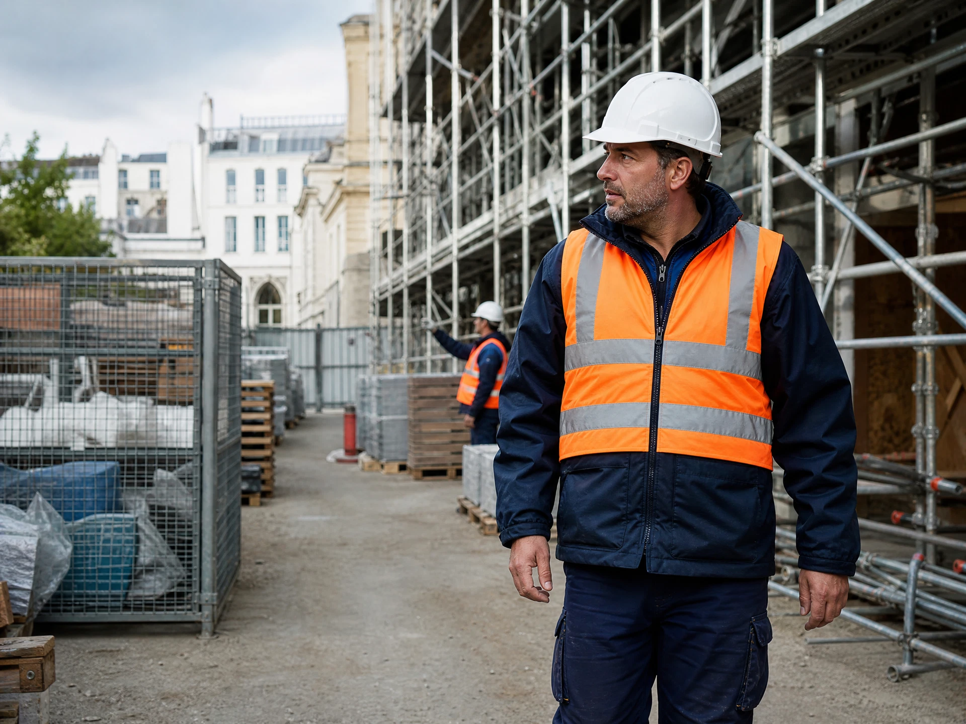 Chef de chantier à proximité d’un échafaudage et d’une zone de stockage