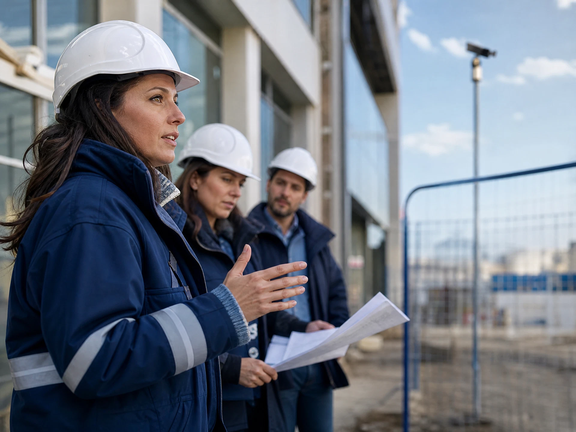 Chef de projet construction consultant un plan près d’un chantier sécurisé