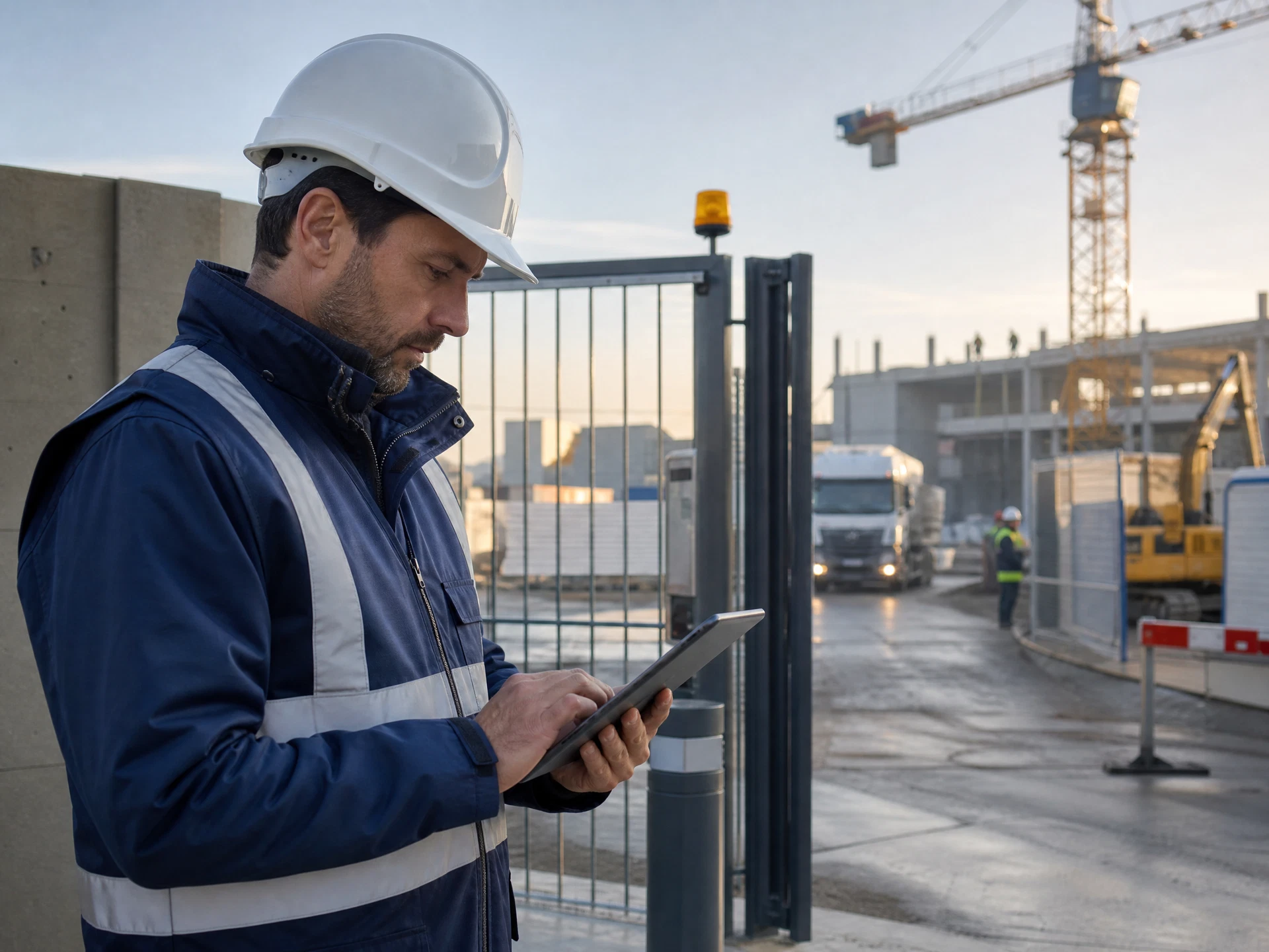 Conducteur de travaux contrôlant l’accès d’un chantier depuis une tablette