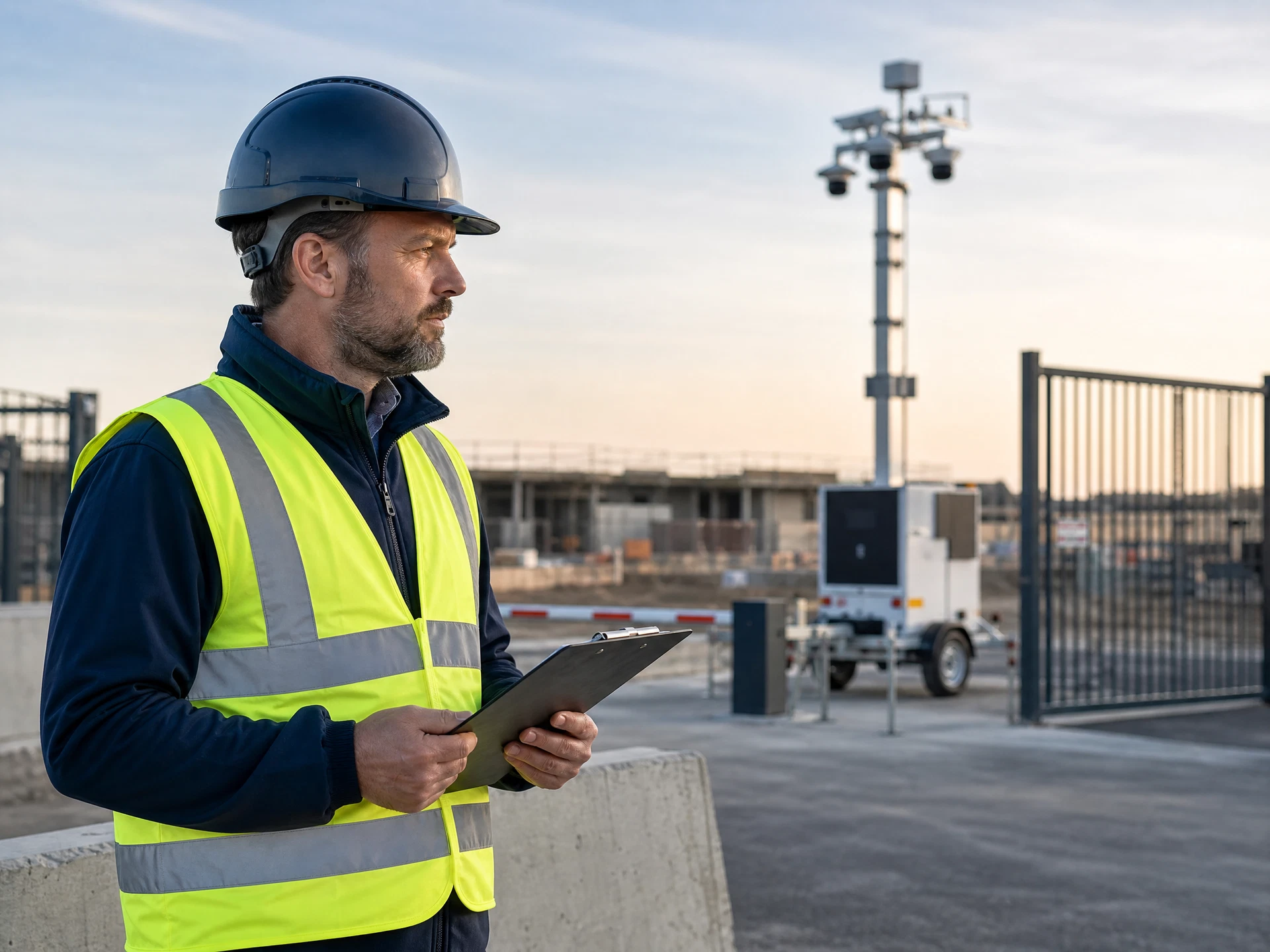 Responsable sécurité vérifiant le périmètre d’un chantier près d’une tour de surveillance