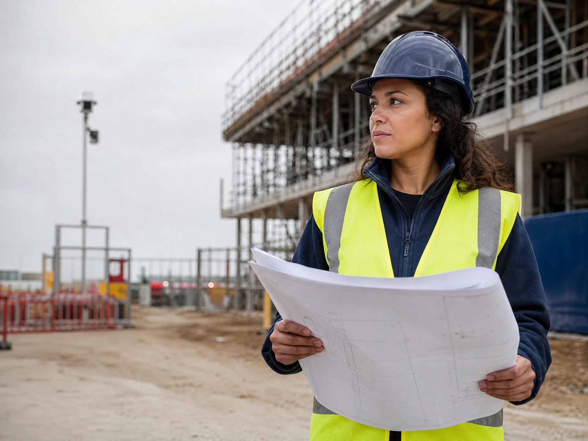 Responsable travaux sur un chantier, étudiant la protection des accès