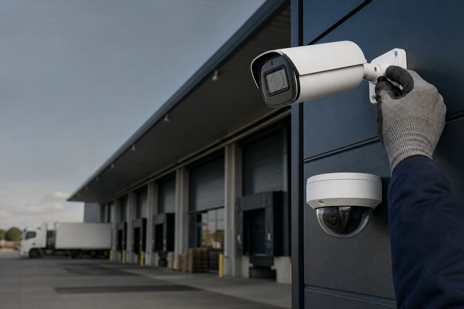 Caméras IP professionnelles installées à l’entrée d’un site logistique