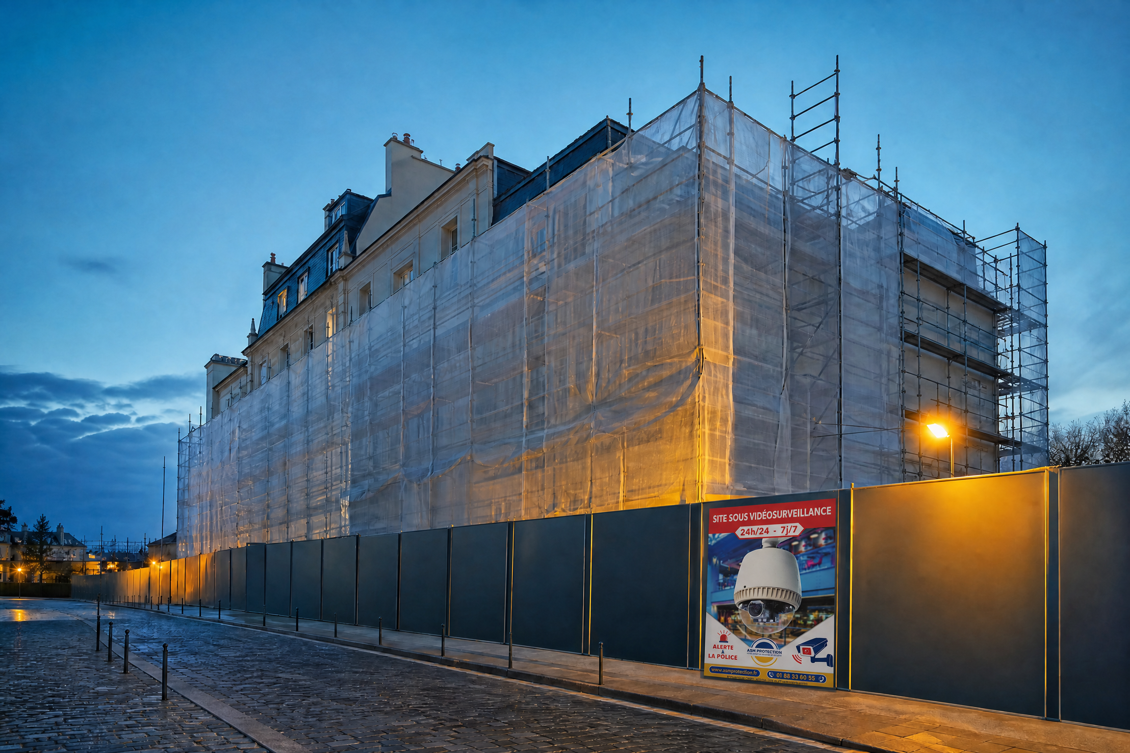 Illustration d’un chantier de rénovation avec échafaudage et panneau ASM au crépuscule