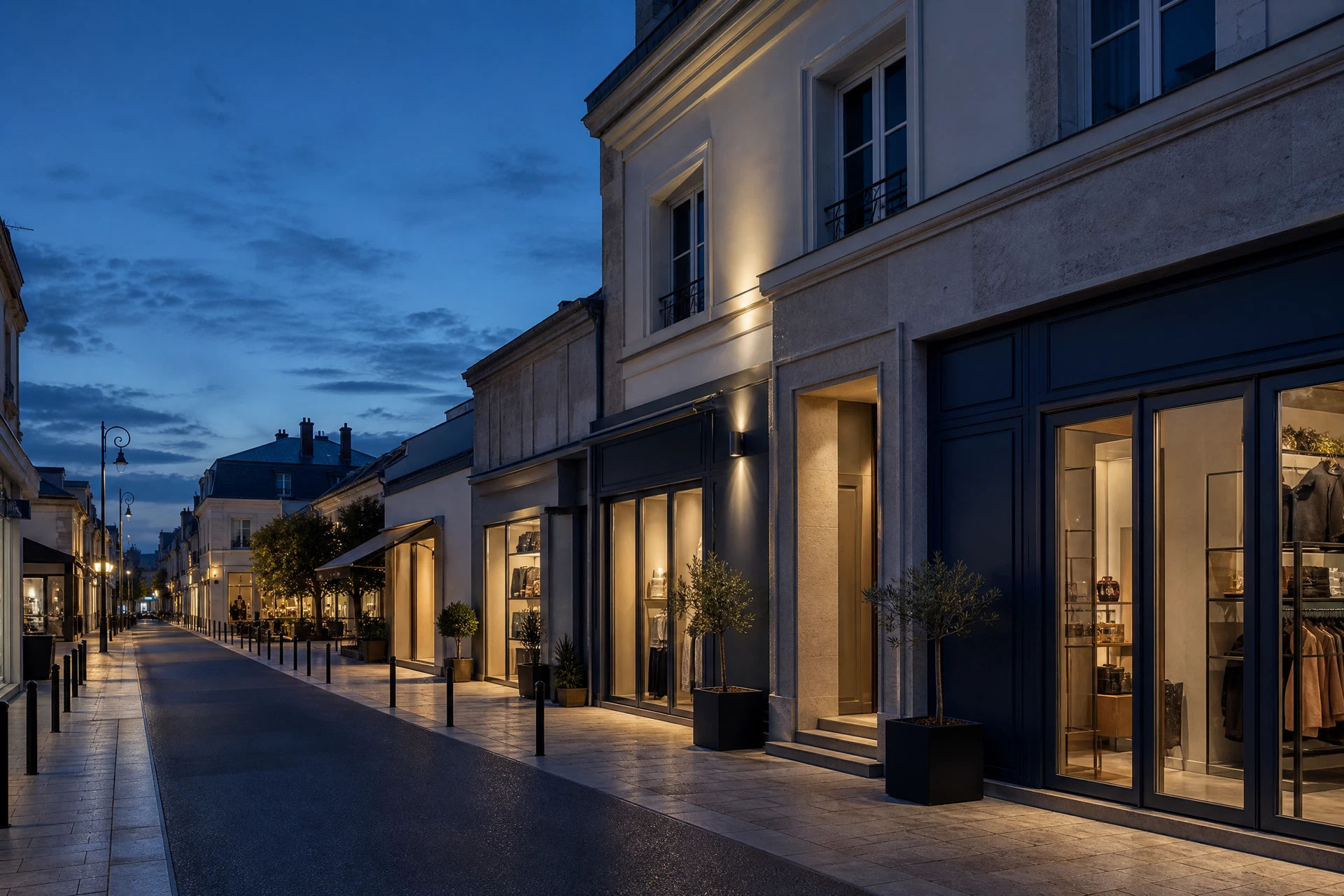 Illustration d’une rue commerçante avec des vitrines et accès de proximité