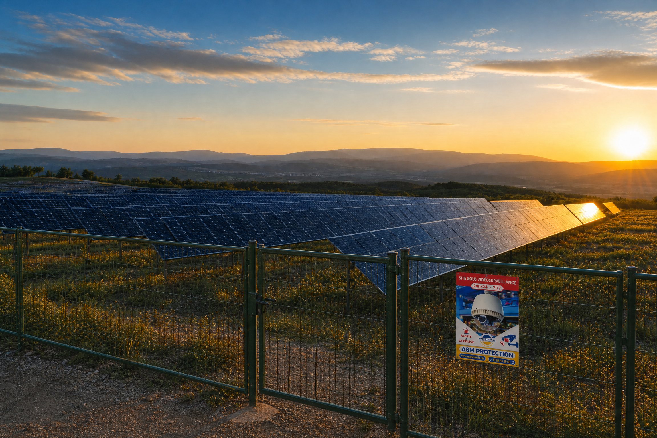 Illustration d’un parc photovoltaïque avec panneau ASM sur sa clôture