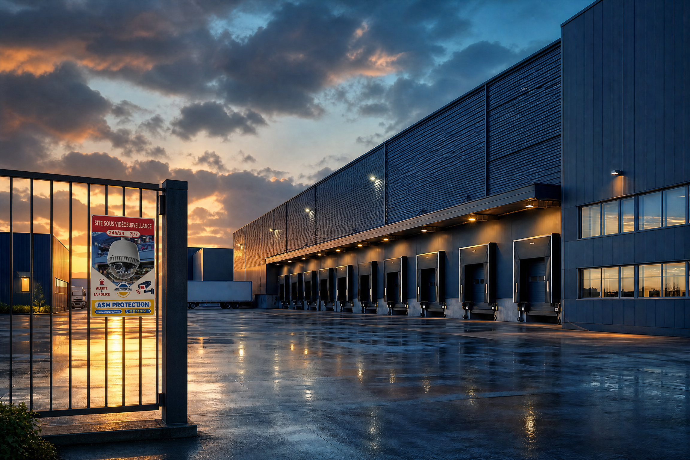 Illustration d’un site industriel et logistique avec panneau ASM à l’entrée
