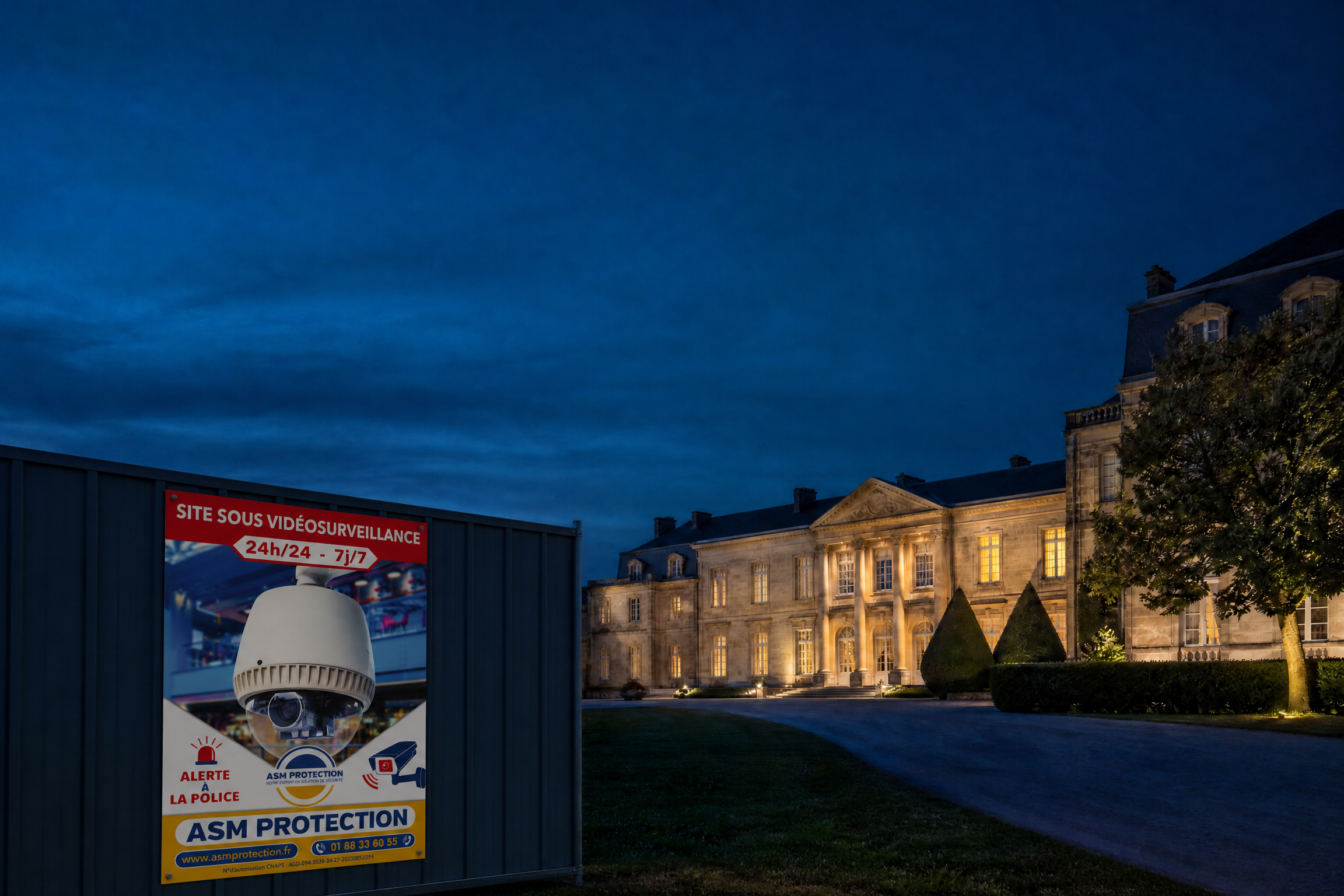 Illustration d’un panneau ASM sur la palissade d’un site patrimonial au crépuscule