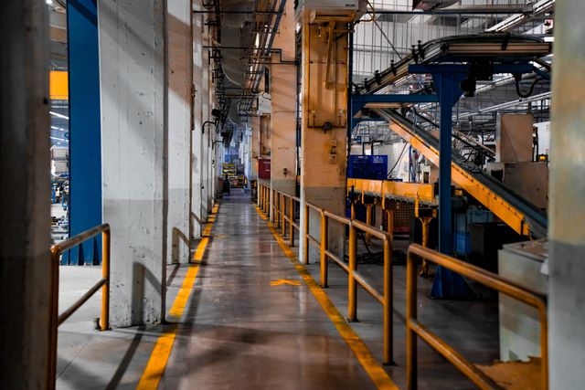 Allée d’usine moderne avec convoyeurs industriels